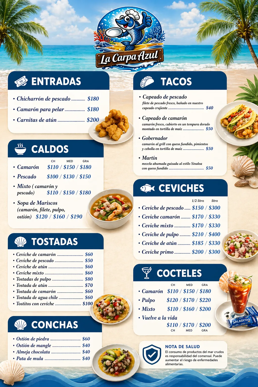 Vista previa del menú de mariscos de La Carpa Azul en San Nicolás de los Garza